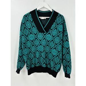 Young Stuff II Vintage Sweater Womens 1X Blue Black Acrylic Pullover V Neck Knit